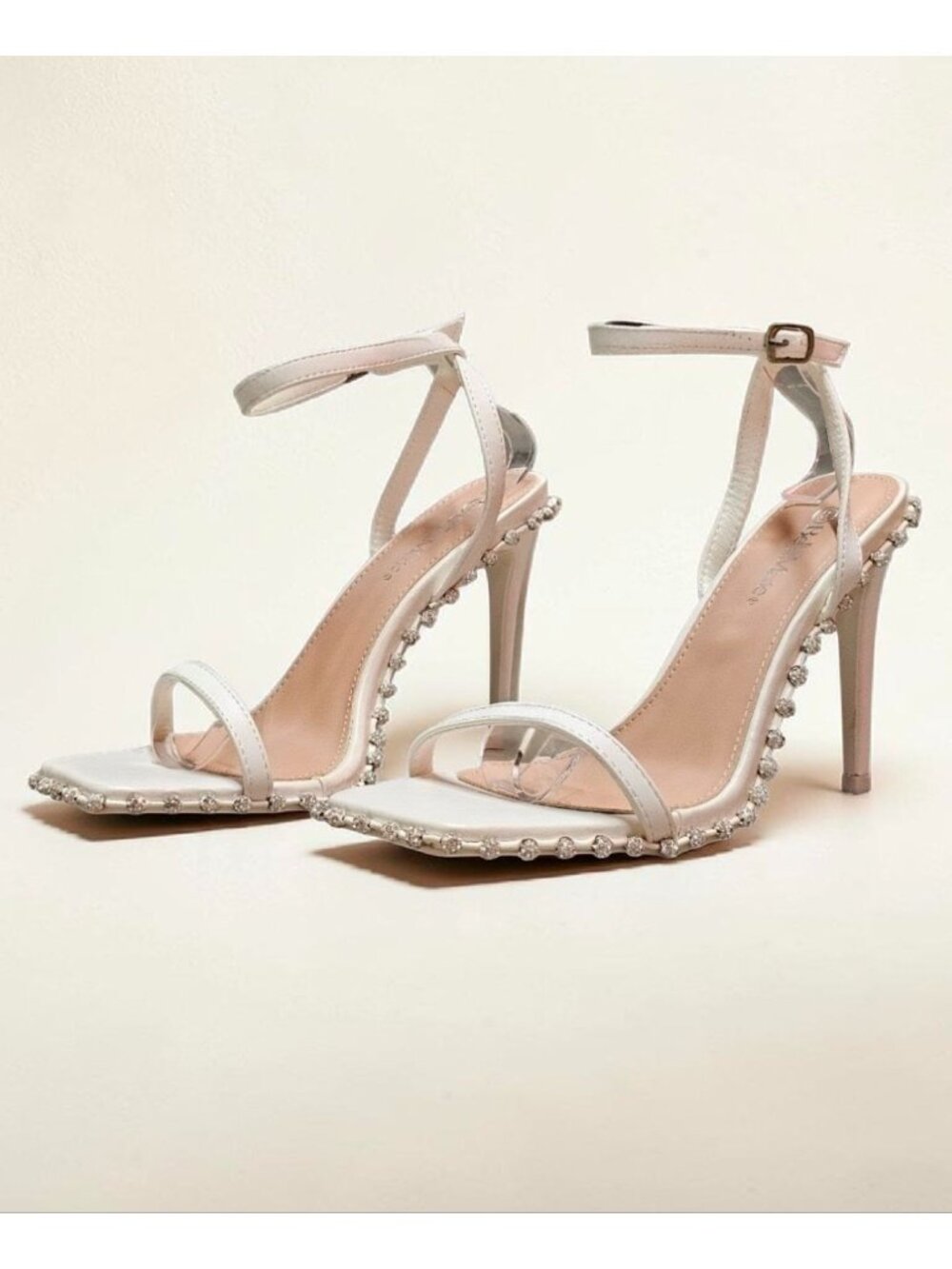 Rhinestone Embellished White High Heel Sandals With Ankle Strap & Square Toe Des